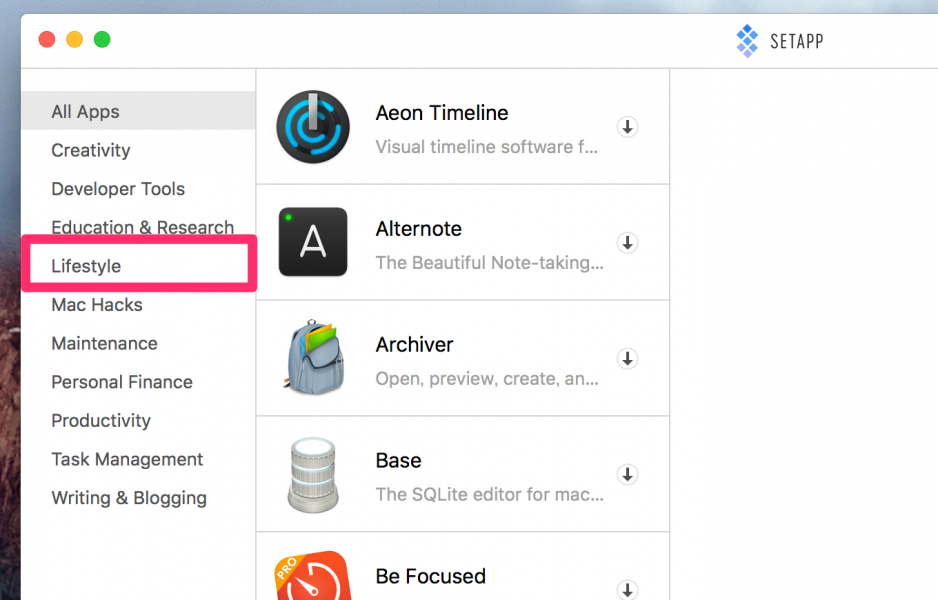 Macの人気アプリが定額で使えるサービスAPPSETでカテゴリーを選択する